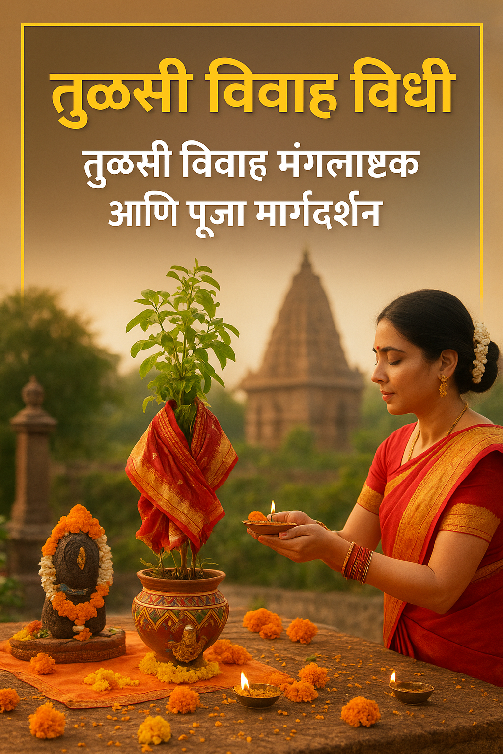 तुळसी विवाह हा केवळ एक धार्मिक सोहळा नाही, तर तो भारतीय संस्कृतीच्या पवित्रतेचा आणि निसर्गाशी असलेल्या नात्याचा सुंदर प्रतीक आहे. दरवर्षी देवउठणी एकादशीला होणारा हा सण लोकांच्या हृदयात भक्ती, आनंद आणि घरगुती उत्सवाचे वातावरण निर्माण करतो. या दिवशी तुळसी व शालिग्रामाचे विवाह करून संपूर्ण कुटुंब एका सुंदर अध्यात्मिक क्षणात सहभागी होते. चला तर पाहूया तुळसी विवाह विधीचे महत्त्व, इतिहास आणि संपूर्ण प्रक्रिया.